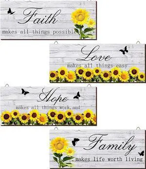 4 Pieces Sunflowers Front Porch Door Plaque Sunflower Welcome Wooden Sign Faith Love Hope Family Wood Sign Farmhouse Sunflower Front Porch Hanging Decoration for Home Living Room Decor, 10 x 4 Inch