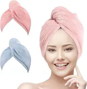 Microfiber Hair Towel 2 Pack; Fast Hair Drying; Water Absorbent Cap for Women; Soft Bath Turban with Buttons (Pink + Blue)