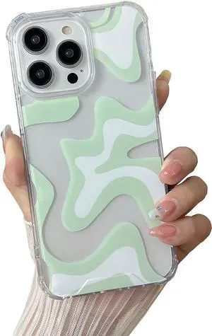 Compatible with iPhone 12 Pro/iPhone 12 Phone Case, Cute Art Wavy Painted for Women Girls, Soft TPU Edge PC Back Protective Shockproof Phone Case-Green (iPhone 12 Pro/iPhone 12)