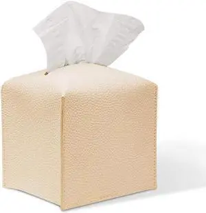 Brown Tissue Box Cover with Bottom Belt - Decorative Faux Leather Organizer for Bathroom, Car, Office