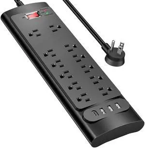 Power Strip, Surge Protector with 12 Outlets and 4 USB Ports, 6 Feet Flat Plug Extension Cord (1875W/15A) for for Home, Office, Dorm Essentials, 2700 Joules, ETL Listed (Black)
