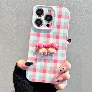 ULJ for iPhone 14 13 12 Pro Max Case Hard Pink White Blue Grid Full Body Camera Lens Protective Phone Case Dolls iPhone 14 Pro