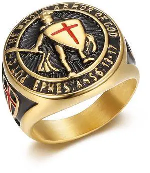 ULJ Retro The Knight Templar No Rusted Gold Plated Stainless Steel Hip Hop Ring for Men Punk Rings Waterproof Men Jewelry Golden 11