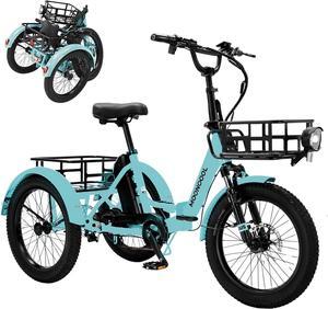 MOONCOOL Folding Electric Trike for Adults, Foldable 1 Speeds Electric Trike, 750W Motor 48V Removable Battery, 20" Fat Tire 3 Wheel Electric Bicycle with Large Shopping Basket Cyan