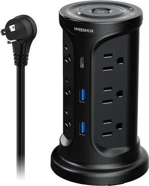 Power Strip Surge Protector Tower,Screw Wall Mount Outlet Extender with 12 AC Multiple Outlets and 3 USB (1 USB C),6.5 FT Long Extension Flat Plug Cord,Charging Tower with Overload Protect for Office
