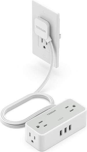 Ultra Thin 5FT Flat Extension Cord Surge Protector Flat Plug Power Strip 4 Wide Spaced AC Outlets 3 USB 900 Joules Protection Suitable for Home Office Dorm