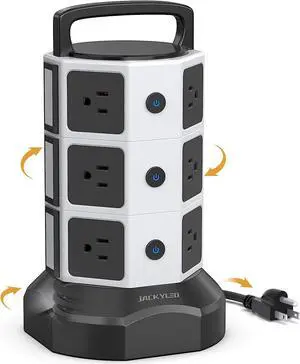 Power Strip Tower Surge Protector, JACKYLED 1625W 13A Outlet Surge Electric Tower, 12 Outlets 6 USB Ports Retractable Cord Charging Station with 16AWG 6.5ft Heavy Duty Extension Cord for Home Office