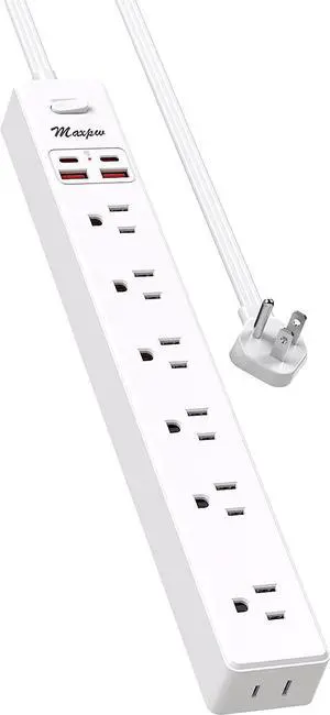 10 Ft Power Strip Surge Protector - 7 Outlets 4 USB Ports (2 USB C), Maxpw Ultra Thin Flat Extension Cord & Flat Plug, 1700 Joules, Wall Mount, Desk Charging Station for Home Office Dorm, White