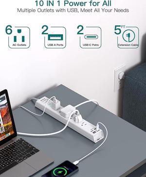 Power Strip Surge Protector with USB C - Flat Plug Extension Cord with 6 AC Outlets 4 USB (2 USB C), Wall Mount, 5ft, 900 J, Multi Plug Outlet Extender for Home Office Dorm Room Essentials