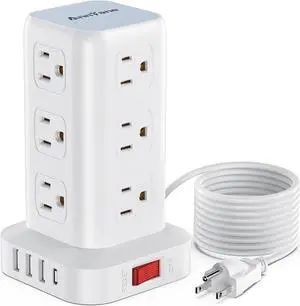 AnnTane Surge Protector Power Strip 10 FT Cord, Power Strip Tower with 4 USB Ports (1USB C), Extension Cord with 12 AC Multiple Outlets, Home Office Supplies Desk Accessories, Dorm Room Essentials