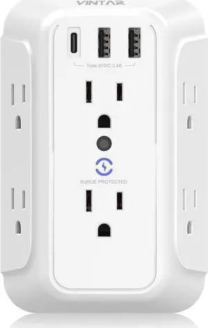 Wall Charger, Surge Protector, 6 Outlet Extender with 3 USB Charging Ports (1 USB C, 3.4A) 900J Wall Mount Power Strip Multi Plug Outlets for Home Travel Office ETL Listed