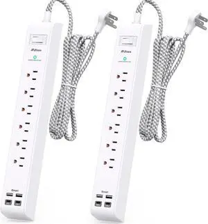 2 Pack Power Strip Surge Protector - 6 Outlets 4 USB Charging Ports, 5Ft Braided Extension Cord, Flat Plug, Overload Protection, Wall Mount for Home Office, Dorm Room Essentials