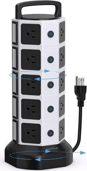 Power Strip Tower Surge Protector 1050J, JACKYLED 20 AC Outlets 6 USB Ports, 3000W 13A Desktop Electrical Charging Station, 6.5ft Heavy Duty Extension Cord, for Home, Office, Garage, White Black