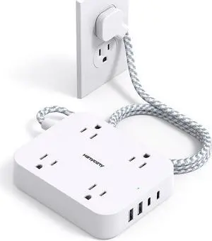 Flat Plug Extension Cord, 5ft Power Strip with 4 USB Ports(2 USB C), 4 Widely Outlets Extender, Wall Mount, Desk Charging Station for Office, School, Travel and Dorm Room Essentials, White, ETL Listed
