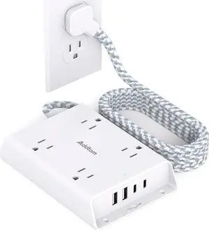 Surge Protector Power Strip, Addtam 5 ft Flat Plug Extension Cord with 4 USB Wall Charger(2 USB C Port), 4 Widely Outlets Desk Charging Station, Home Office and College Dorm Room Essentials