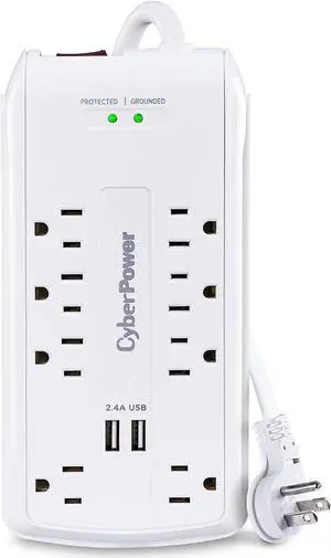 CyberPower CSP806U Professional Surge Protector, 3000J/125V, 15A, 8 Outlets, 2 USB Charging Ports, 6 Foot Cord, White, UL Listed