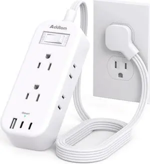 Travel Power Strip with USB - Flat Plug Extension Cord, 6 Outlets 3 USB (2 USB-C) Ports, Outlet Extender with 5ft Extension Cord, Non Surge Protector for College Dorm Room, Cruise Ship, Home Office