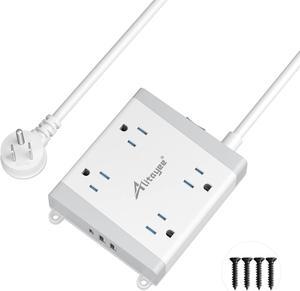 Alitayee Mountable Surge Protector Power Strip, Wall Mount Power Strip with 4 Outlets and 3 USB, Flat Plug, Shutter Safety and Circuit Breaker Switch, 6 Ft Extension Cord for College Home Office Dorm