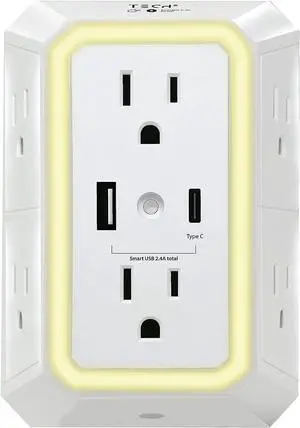 Multi Plug Wall Outlet Surge Protector with USB Ports & Night Light - 6 Outlet Extender with 2 USB Ports (1 USB-C) - Power Strip with Adapter Spaced Outlets for Home, Travel, Office (White) 1 Pack