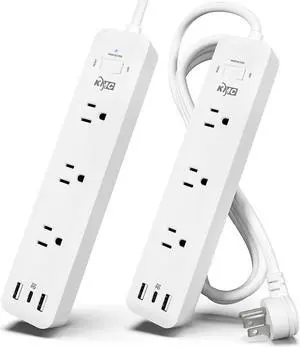 KMC USB-C PD Surge Protector 3-Outlet Power Strip 2-Pack, 30W Power Delivery USB-C Port, 2 USB-A Ports, 980J Surge Protection, 6-Foot Extension Cord, White