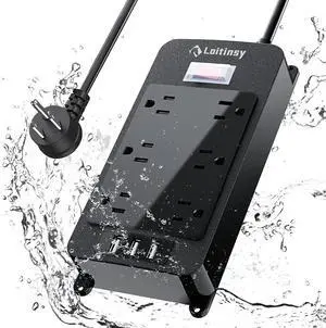 Outdoor Power Strip Weatherproof, 6 Outlets Waterproof Surge Protector with 3 USB Ports, 6 FT Extension Cord, Shockproof Overload Protection, Wall Mountable for Home Office Patio Porch (Black)