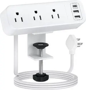 3 Outlet Desk Clamp Power Strip with USB C, White Flat Plug Desktop Edge Power Strip, Desk Mount Clamp Socket Connect 6.5 ft Thin Extension Cord for 1.6 inch Tables.