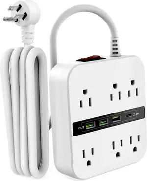 Surge Protector Power Strip - 6 Widely Outlets and 4 USB Ports(1 USB C), XHJTWOPY Outlet Extender with 6.6ft White Flat Extension Cord for Travel, Cruise Ship and Dorm Room Essentials UL Listed