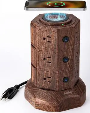 SUPERDANNY Surge Protector Tower with 10W Wireless Charger, Power Strip Tower Vertical Charging Station with 10 AC Outlets+4 USB Slots and 6.5ft Extension Cord for Home Office Garage, Deep Wood Grain