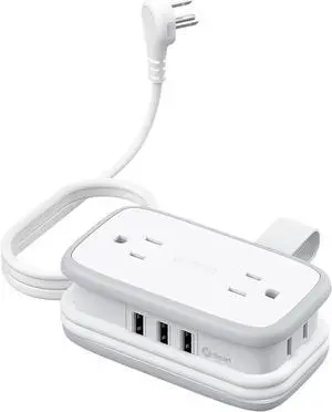 Travel Power Strip with USB Ports, NTONPOWER 4 Outlets 3 USB with 4FT Wrapped Short Extension Cord Flat Plug, USB Portable Desktop Charging Station, Compact for Hotel Travel Cruise Essentials, White