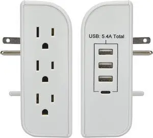 Clear Power 3 Side-Outlet 1200 Joule Surge Protector Wall-tap w/3-port USB-A & 1-Port USB-C Chargers, CP30009