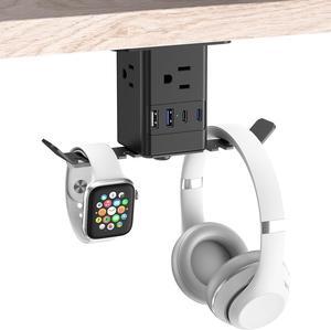JUNNUJ Under Desk Headset Stand with Charger, 20W USB C Power Strip 3 Outlet with Headphone Hook, Table Mount Surge Protector with PC Game Hanger Holder, Built in Cable Clip Organizer, 10 FT Cord