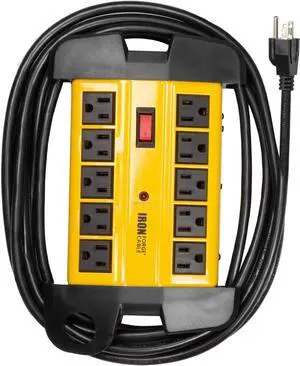 10 Outlet Heavy Duty Surge Protector Power Strip - 14/3 SJT Industrial Black and Yellow Metal Surge Suppressor with 15 Foot Long Extension Cord
