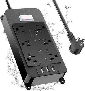 Outdoor Power Strip Weatherproof with 3 USB Ports, Outdoor Surge Protector Waterproof 6 Outlets 6 ft Extension Cord, Overload Protection, Mountable for Bathroom Kitchen Patio Cruise Ship Black