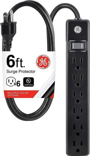 GE 6-Outlet Power Strip, 6 Ft Extension Cord, Heavy Duty Plug, Grounded, Integrated Circuit Breaker, 3-Prong, Wall Mount, UL Listed, Black, 14088