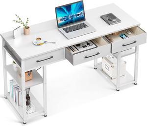 Office Small Computer Desk: Home Table with Fabric Drawers & Storage Shelves, Modern Writing Desk, White, 48"x16"