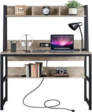 Yaheetech Home Office 47 Inch Writing Desk with Power Outlets and 2 USB Charging Ports for Studying, Gaming Table Computer Desk with Hutch and Bookshelf, Metal Frame Workstation for Office, Gray