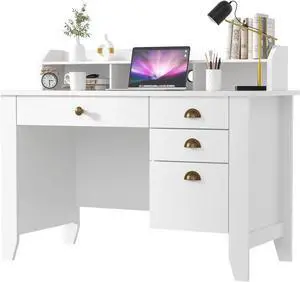 Catrimown White Desk with Drawers, 47 Inch Home Office Computer Desk with File Drawers Student Girls Desks Teens Writing Table with Hutch, Small Desk with Drawer for Bedroom, White