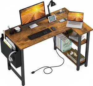Lufeiya Small L Shaped Desk with Power Outlet Shelves, 40 Inch Corner Desk for Small Space Home Office, L-Shaped Computer Desk PC Desks with Charging Station, Rustic Brown