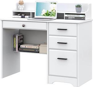 Catrimown Computer Desk with Storage Drawers and Hutch, 44 Inch Home Office Desks with 4 Drawers & Monitor Stand for Small Space, Small White Desk Writing Table Study Desks for Bedroom, White