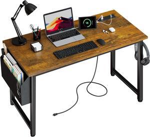 Lufeiya 40 inch Computer Desk with Power Outlet, 39 inch Teen Study Table Home Office Work Writing Desk with Charging Station Outlets Built in, Rustic Brown