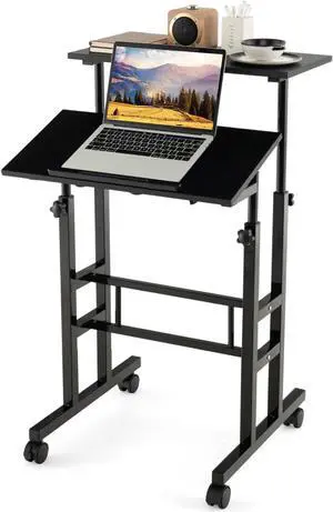 Tangkula Mobile Standing Desk Stand Up Desk, Height Adjustable Computer Desk with Standing & Seating 2 Modes, Tilting Tabletop & Flexible Wheels, Rolling Laptop Cart Sit Stand Desk