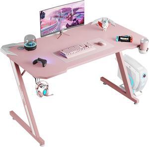 Shahoo PC Gaming Desk 44 Inch Z Shaped Carbon Fiber Surface Desktop Computer Table with Cup Holder & Headphone Hook, 44 in, Pink