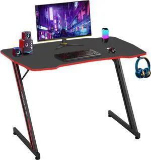 BestOffice 39" Gmaing Desk Computer Gaming Desk Z Shaped Gaming Workstation Ergonomic Gaming Table with Headphone Hook for Game Players (Red)