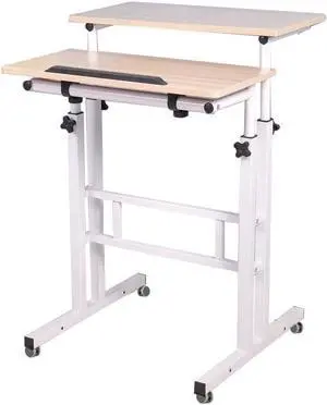 soges Mobile Standing DeskAdjustable Height, Roling Sit-Stand Desk, Small Standing Computer Desk Workstation on Wheels, Sit Stand Up Desk for Home Office, White Maple