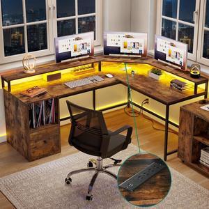 L Shaped Desk with Power Outlets & LED Lights, 67" Computer Desk with File Drawer, Corner Desk Home Office Desk with Monitor Stand & 3 Cubbies Storage Shelves, Rustic Brown