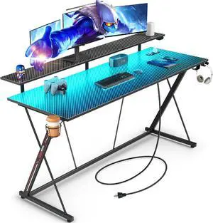 Gaming Desk with LED Lights & Power Outlets, 31.5" Computer Desk with Monitor Shelf, Home Office Desk with Cup Holder and Headphone Hook, Ergonomic, Carbon Fiber Surface Black