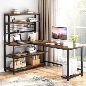 Tribesigns 55" Large Computer Desk with Wireless Charging 5 Storage Shelves, Office Desk Study Table Writing Desk Workstation with Hutch Bookshelf for Home Office (Brown)