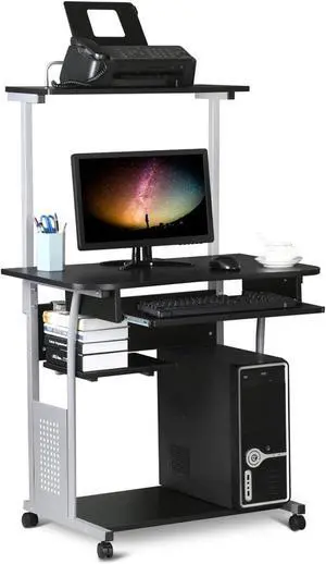 Yaheetech 2 Tier Mobile Computer Desk with Printer Shelf & Keyboard Tray Rolling Computer Desk for Small Spaces, Compact Study Desk Workstation with Wheels, Space Saving, Black