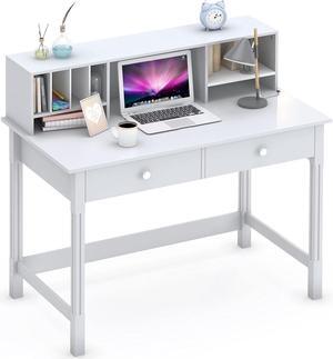 Computer Desk with Drawers and Hutch, 43.3 inch White Home Office Desks Small Makeup Vanity Desk Table with Storage for Small Spaces Bedroom, Writing Desk Study Table