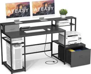 Home Office Desks with Drawers, 66 Computer Desk with Storage, Office Desk with Monitor Stand, Work Desk with Outlets and USB, Gaming Table Desk with File Cabinet for Home Office Table, Black